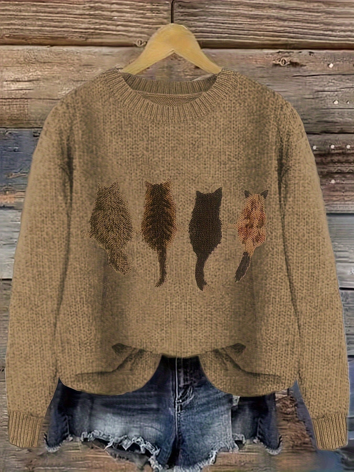 Grobstrick Rundhals Damenpullover mit Katzen-Motiv und Rippbündchen