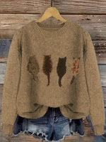 Grobstrick Rundhals Damenpullover mit Katzen-Motiv und Rippbündchen