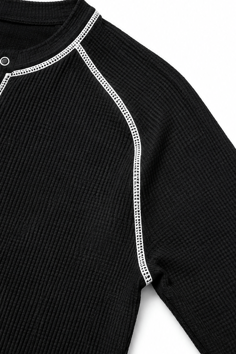 Damen Waffelstrick Henley Shirt mit Kontrastnähten