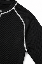 Damen Waffelstrick Henley Shirt mit Kontrastnähten