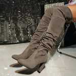 Damen Kniehohe Stiefel mit Blockabsatz und spitzer Zehenform in Wildleder-Optik