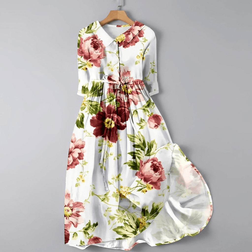 Blumiges Maxikleid mit Hemdkragen und 3/4-Arm für den Herbst