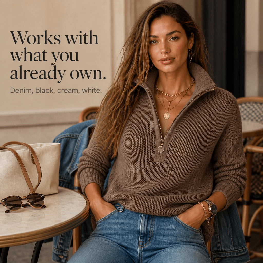 Strukturierter Damenpullover mit Half-Zip-Kragen aus Polyester
