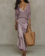 Niketa Zweiteiliges Satin-Maxikleid-Set mit V-Ausschnitt