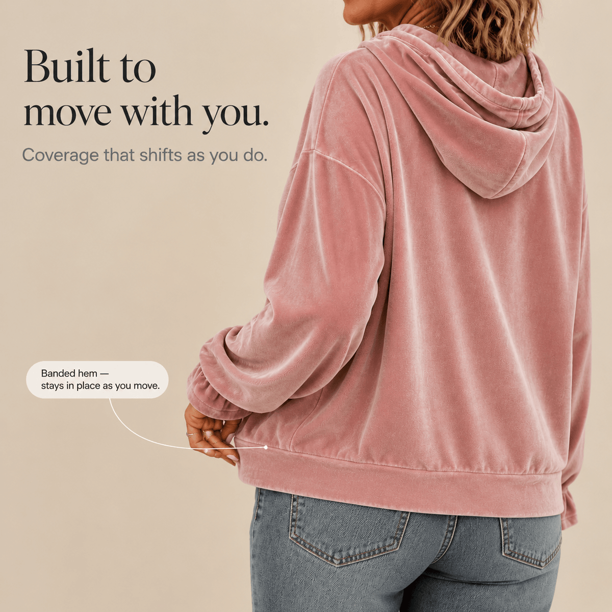 Kapuzensweatshirt mit Rüschenbündchen aus Samt für Damen