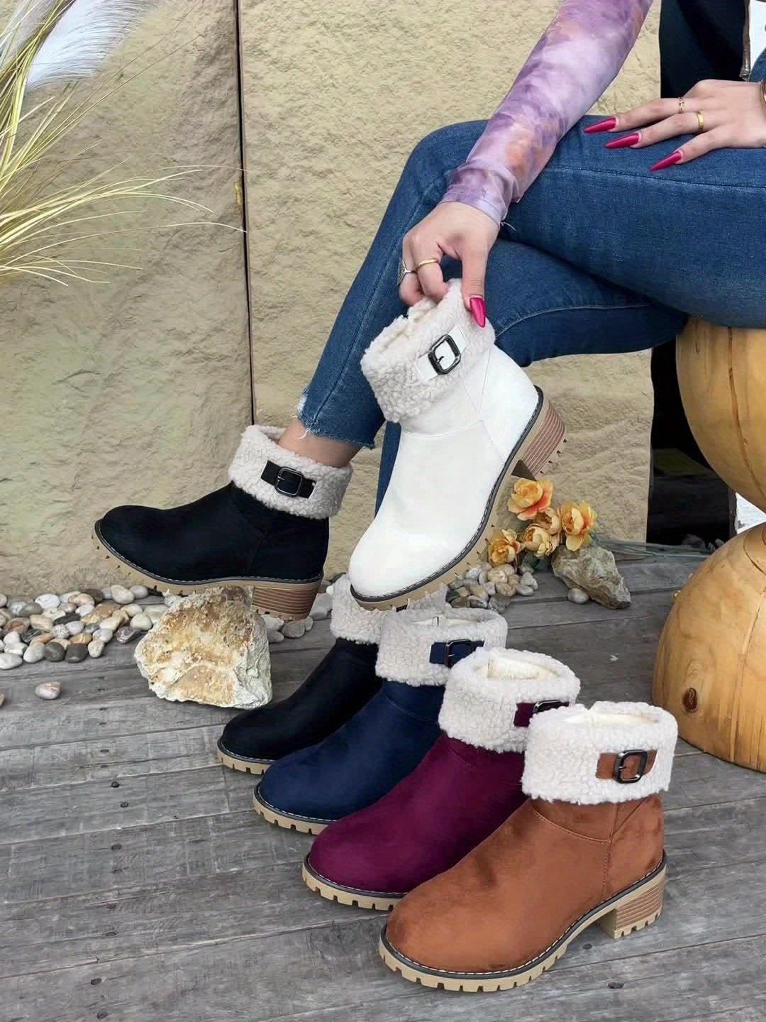 Damen Stiefeletten aus Wildlederimitat mit Plüschrand und Schnallendetail am Blockabsatz