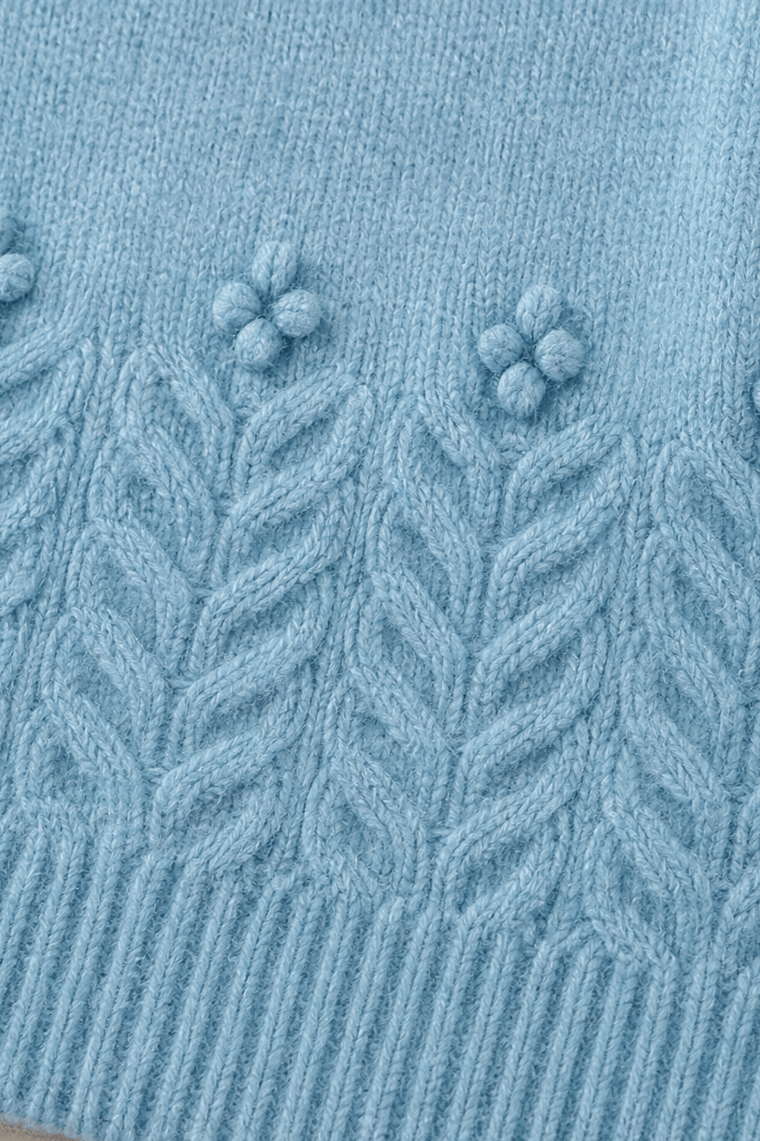 Zopfmuster Rundhals Strickpullover mit Blumendetails am Saum