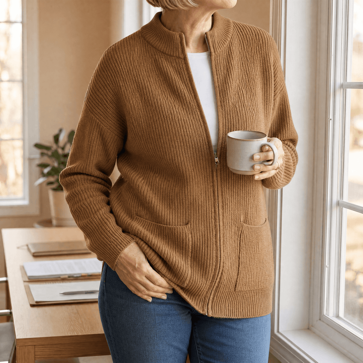 Covena Ripp-Strick Damen Strickjacke mit Reissverschluss und Taschen