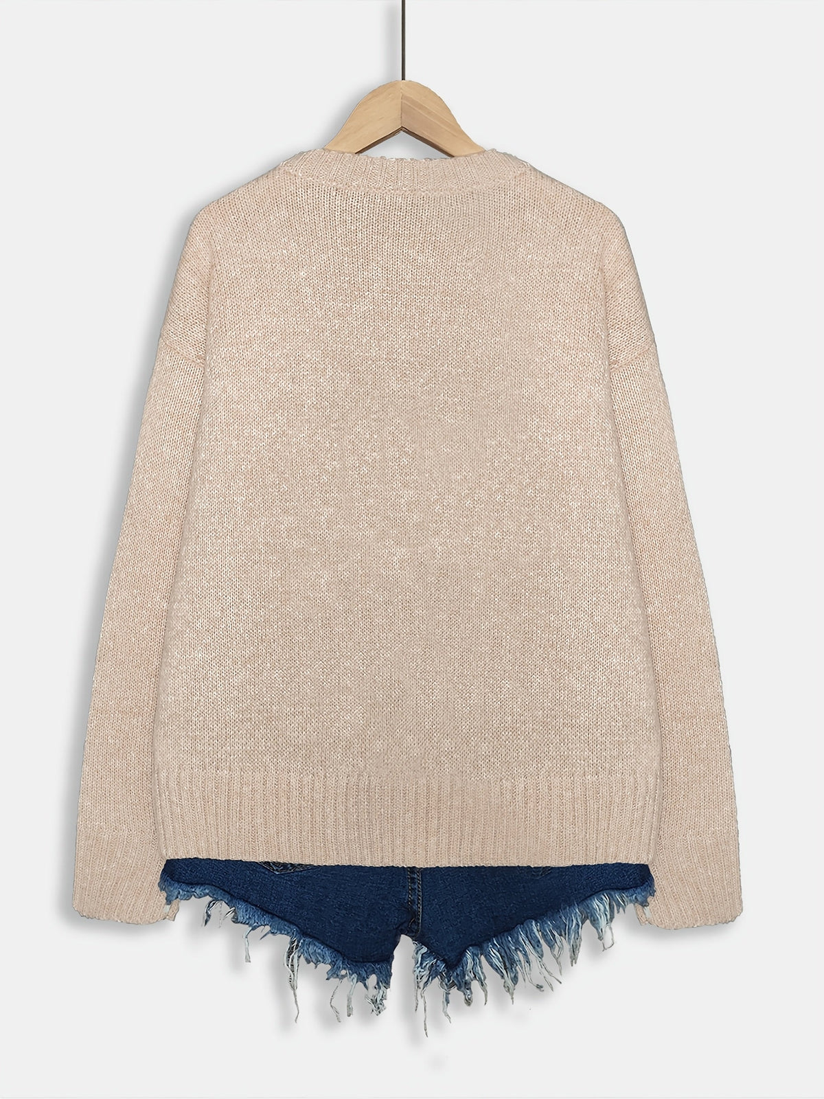 Grobstrick Rundhals Damenpullover mit Katzen-Motiv und Rippbündchen