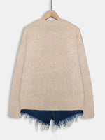 Grobstrick Rundhals Damenpullover mit Katzen-Motiv und Rippbündchen