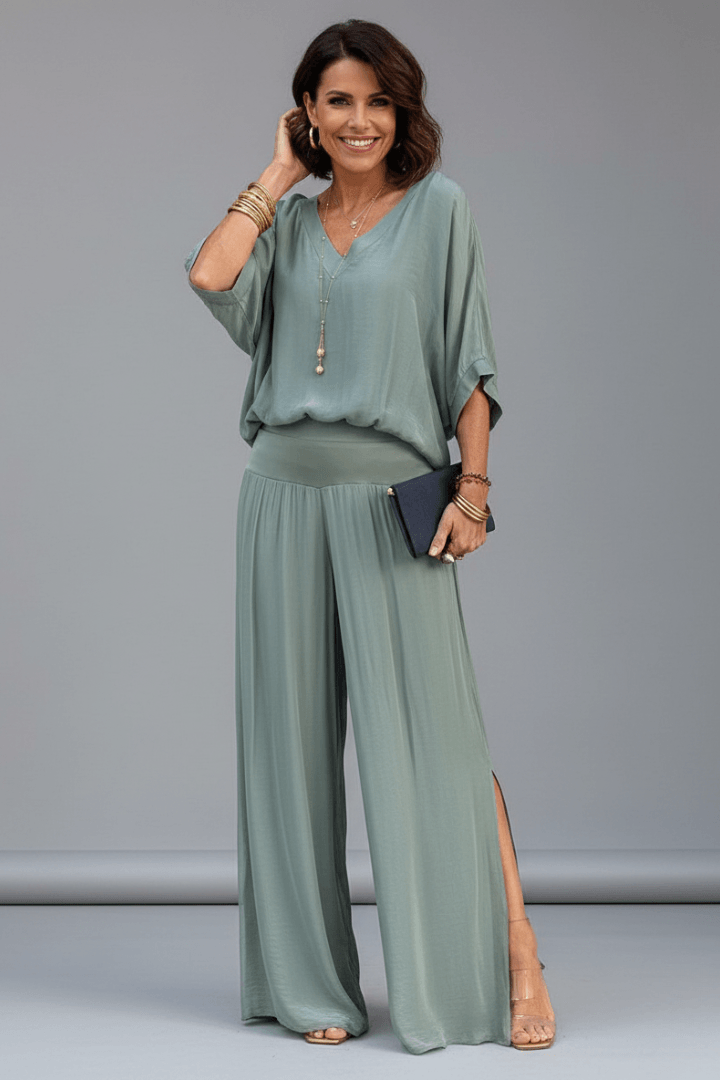 Damen Zweiteiliges Set mit Chiffon-Top und Weitem Hosenbein