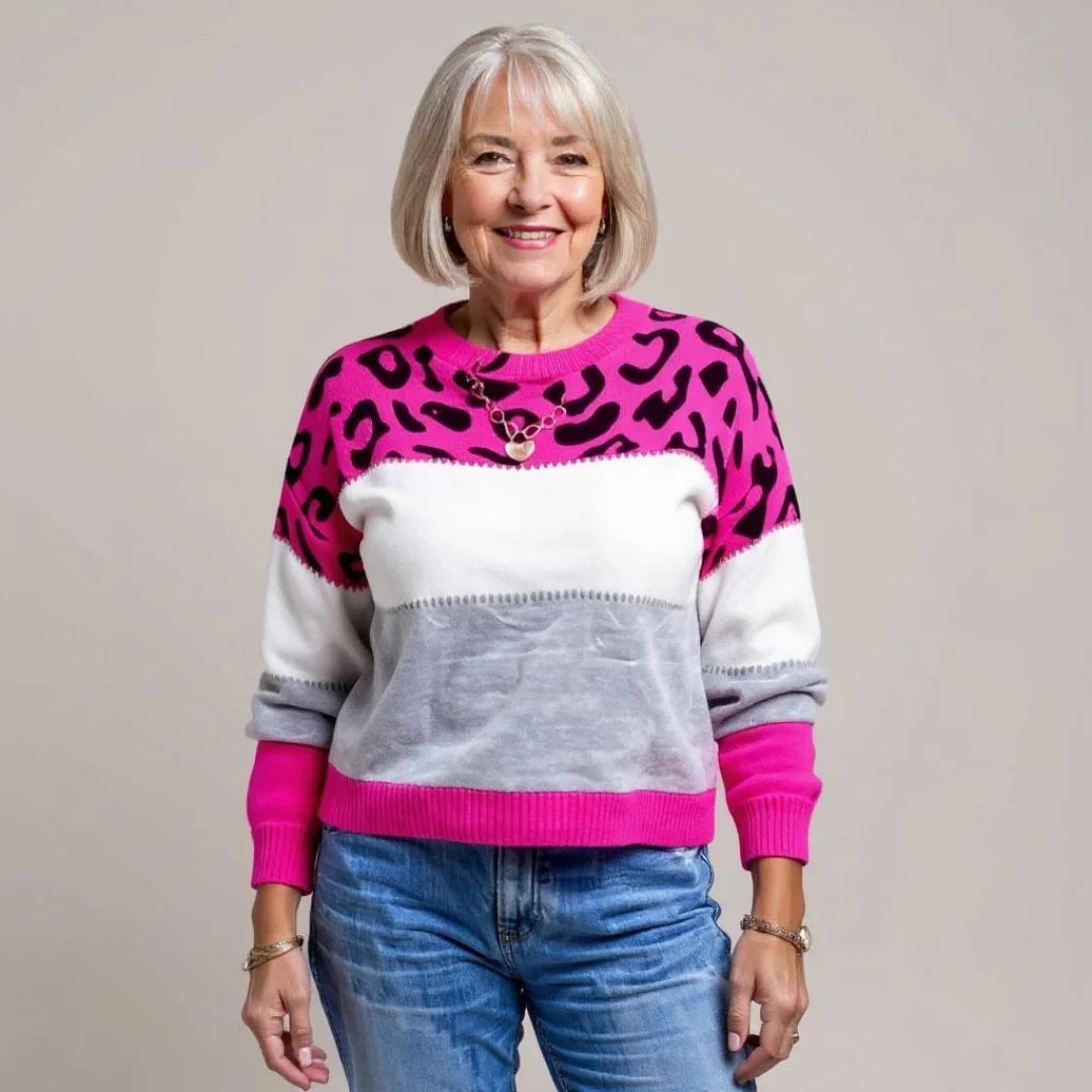 Jasmine Damen Norwegerpullover Strick mit Leopardenmuster und Farbblock-Design