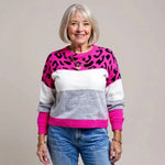 Jasmine Damen Norwegerpullover Strick mit Leopardenmuster und Farbblock-Design