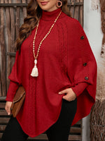 Poncho Pullover mit Rollkragen Zopfmuster und Knopfleiste für Damen
