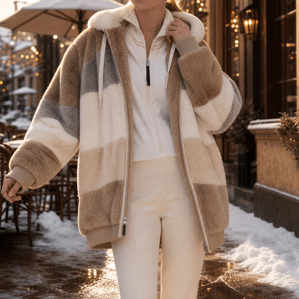 Damen Colorblock Kunstfell Jacke Oversized mit Kapuze