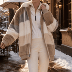 Damen Colorblock Kunstfell Jacke Oversized mit Kapuze