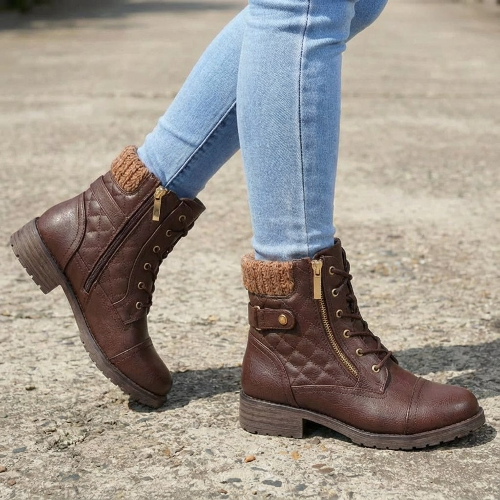 Damen Schnürstiefeletten mit Quilt-Optik und Blockabsatz