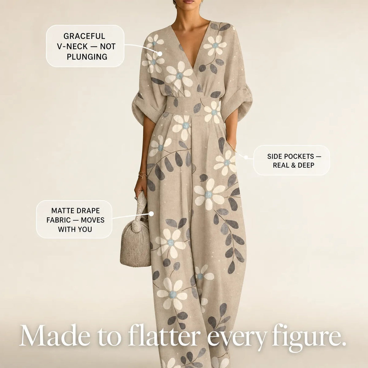 Solene V-Ausschnitt Jumpsuit mit weitem Bein und gebundener Taille