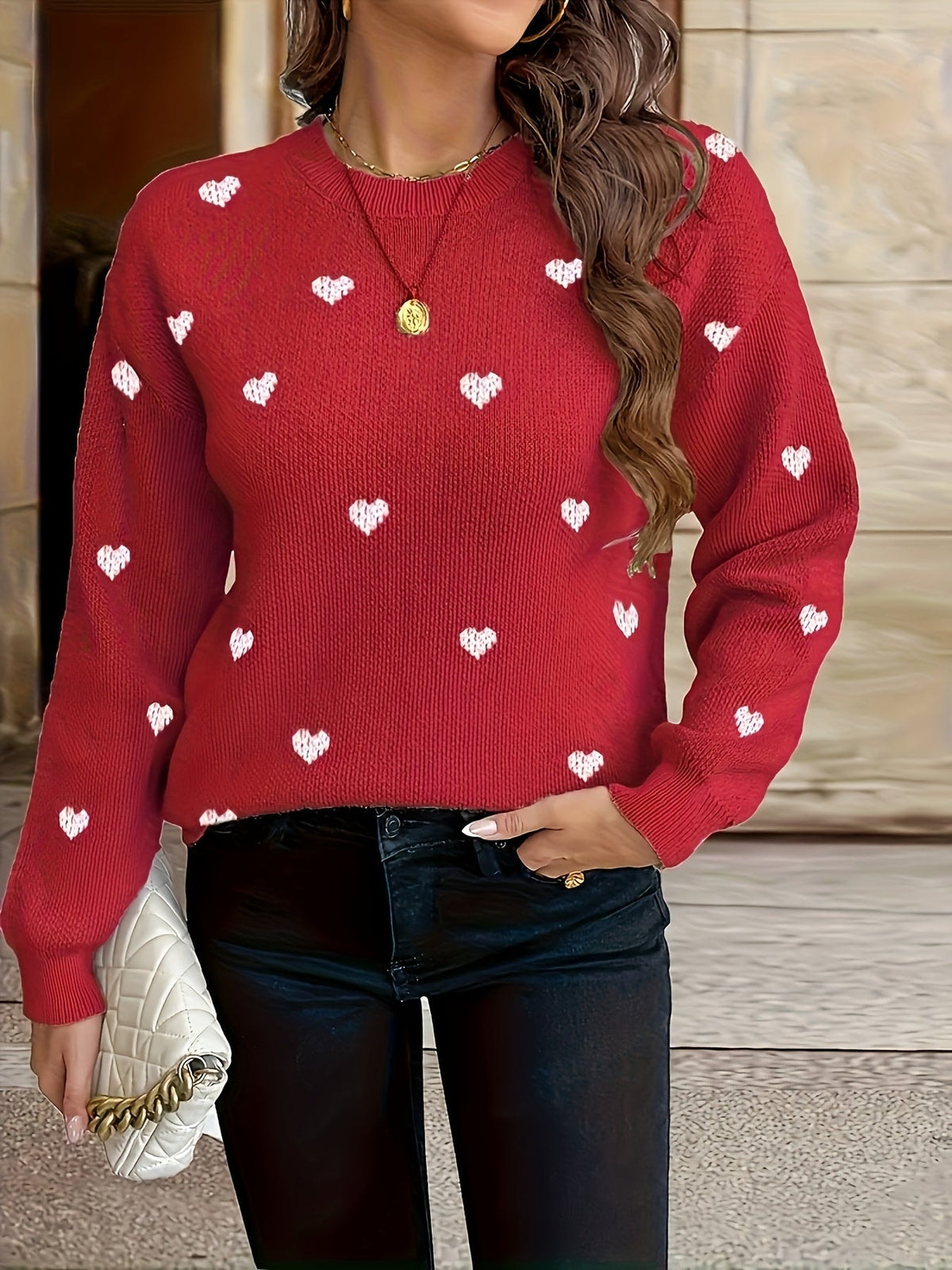 Herzmuster Strickpullover mit Rundhalsausschnitt für Damen
