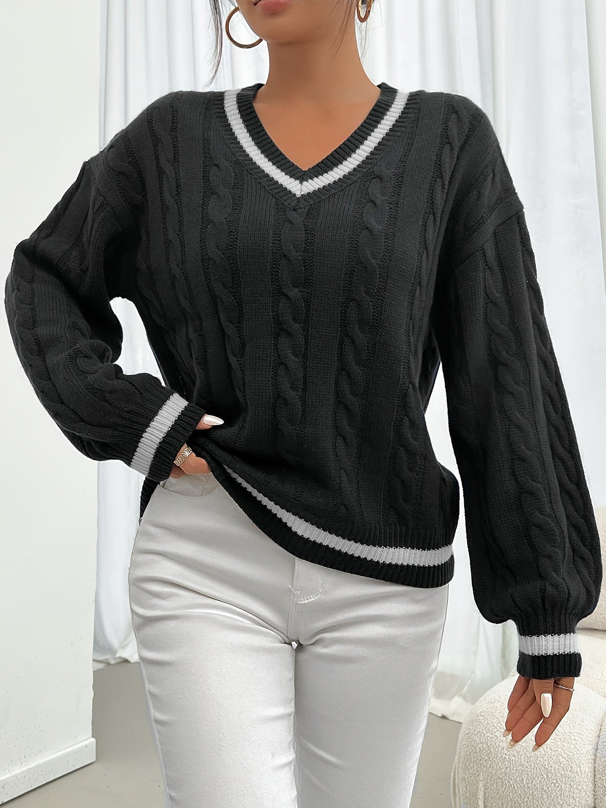 Damen Norweger-Pullover mit Zopfmuster V-Ausschnitt Kontraststreifen