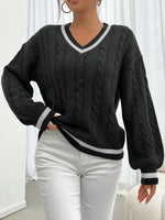 Damen Norweger-Pullover mit Zopfmuster V-Ausschnitt Kontraststreifen