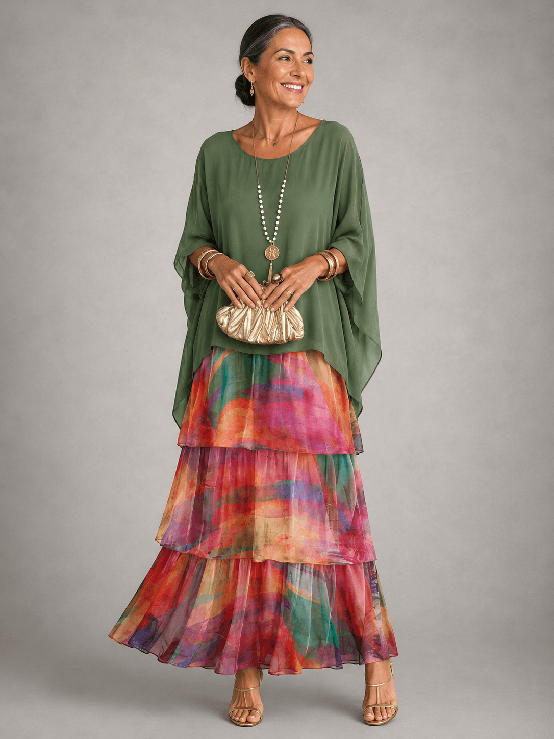 Gestuftes Chiffon-Maxikleid mit Fliessendem Cape-Ärmel und Weitem Schnitt