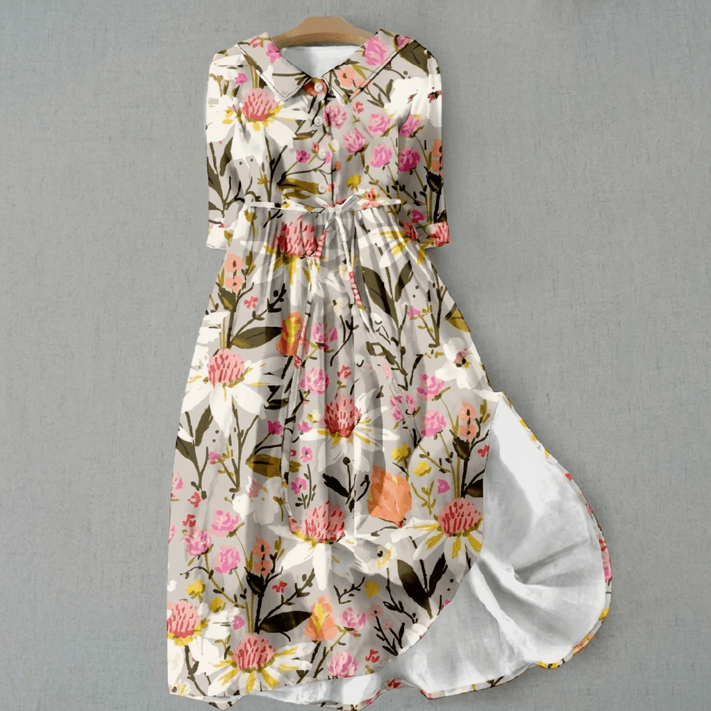 Blumiges Maxikleid mit Hemdkragen und 3/4-Arm für den Herbst