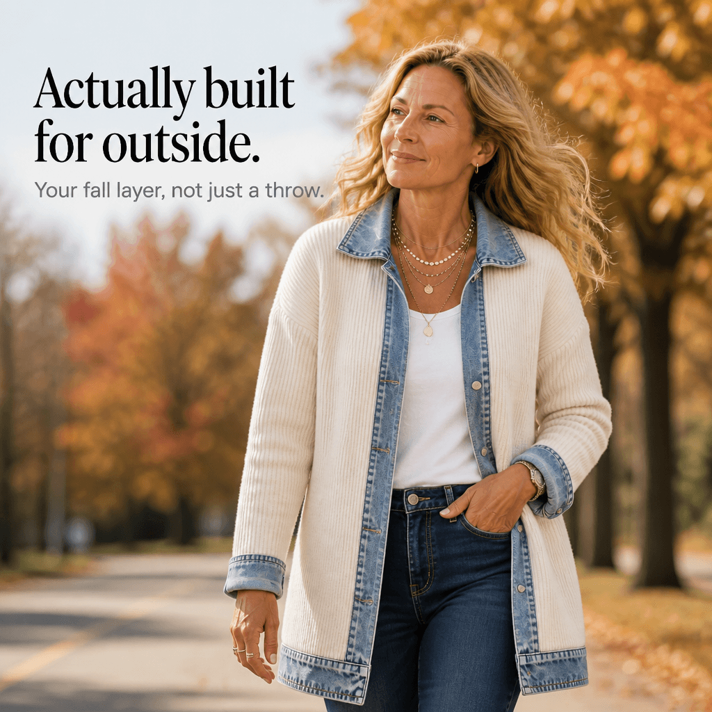 Strickjacke mit Denim-Paneelen und gerippter Struktur