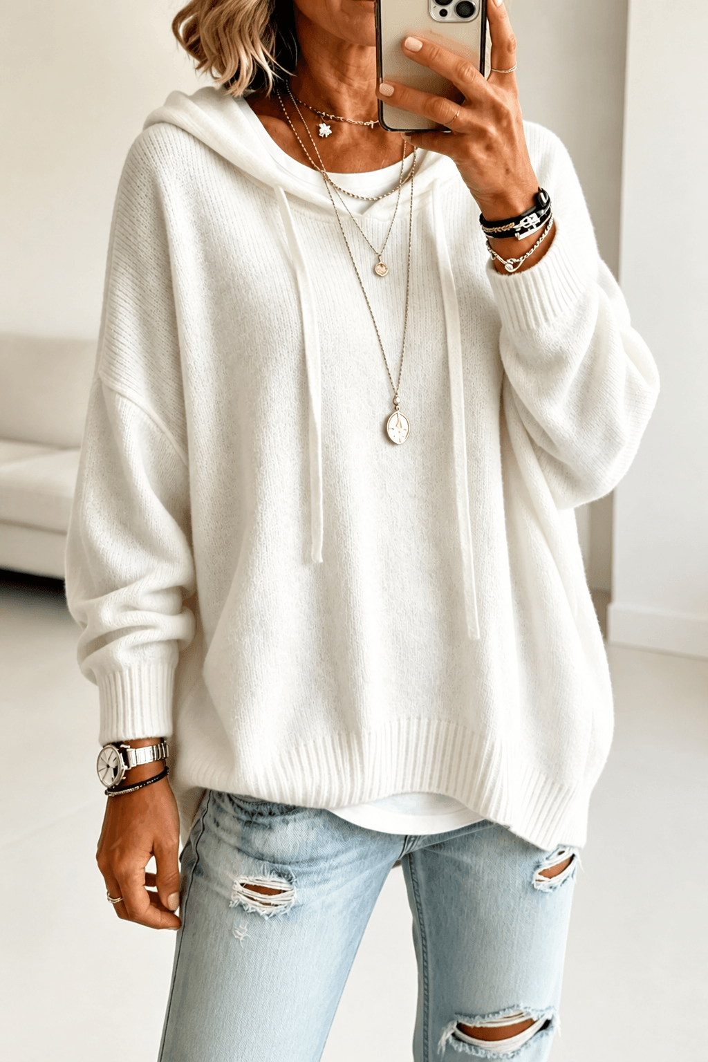 Oversize Kapuzen-Strickpullover mit Kordelzug für Damen